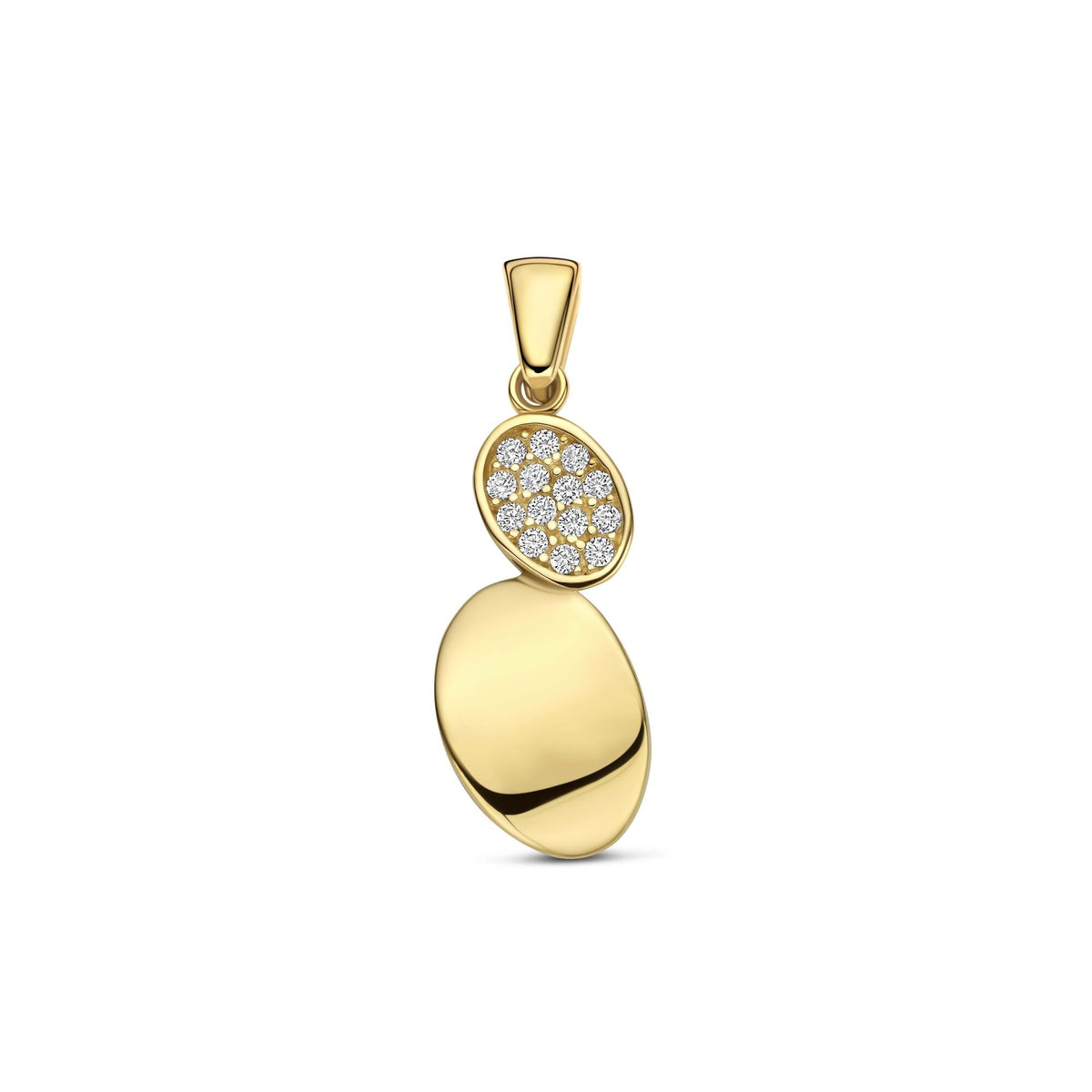 Pendentif en or jaune 9 carats avec zircons, composé de deux formes ovales, l'une brillante et l'autre ornée de zircons.