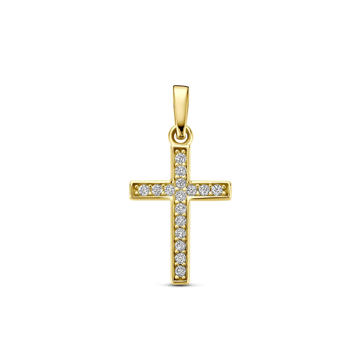 Pendentif croix en or jaune 9 carats, orné de zircons.