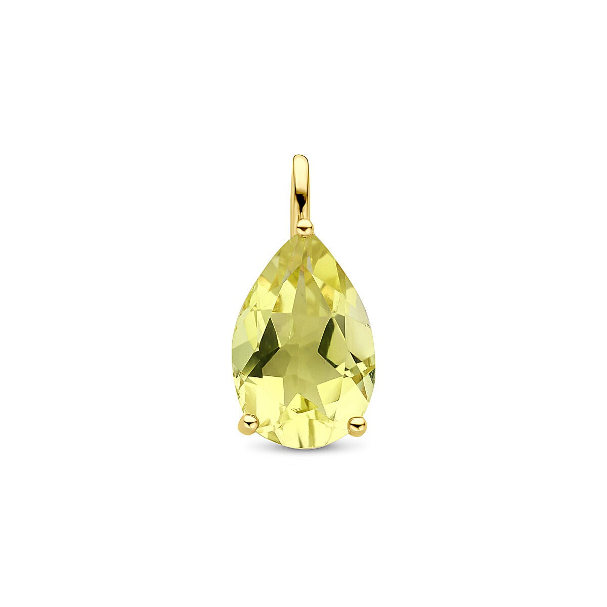 Verguld zilveren hanger in peervorm met citroenkwarts, afmeting 16,5 x 8 mm.