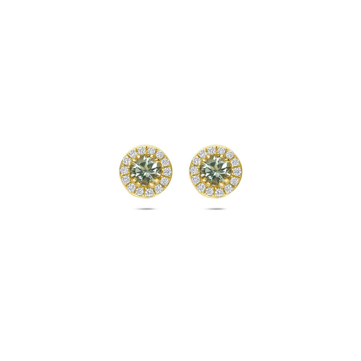 Boucles d'oreilles en or jaune 14 carats avec améthyste verte et diamants synthétiques.