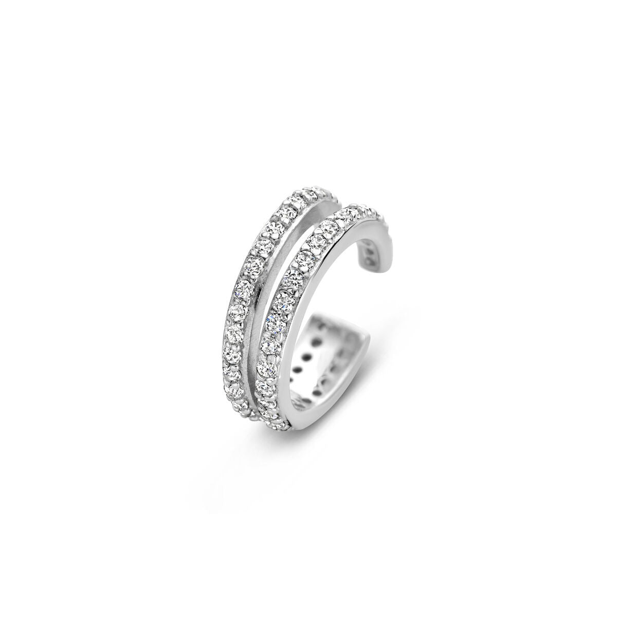 Ear cuff en argent rhodié avec zirconia, formé de deux bandes brillantes.