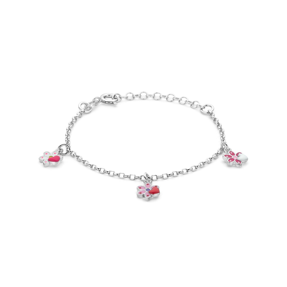 Gerhodineerde 925 zilveren armband met bloemenbedels in roze en witte emaille.