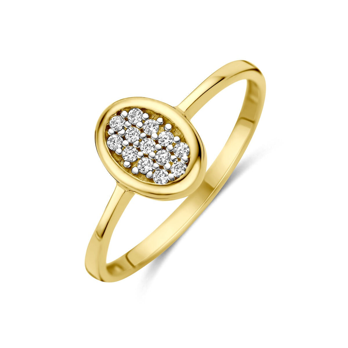 Bague en or jaune 14 carats avec zircons ovales en pavé.
