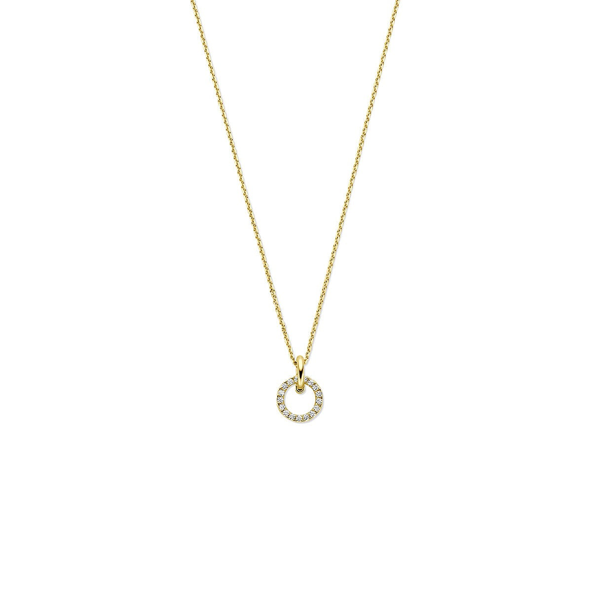 Collier en or 14 carats avec zirconiums en sertissage pavé, pendentif circulaire.