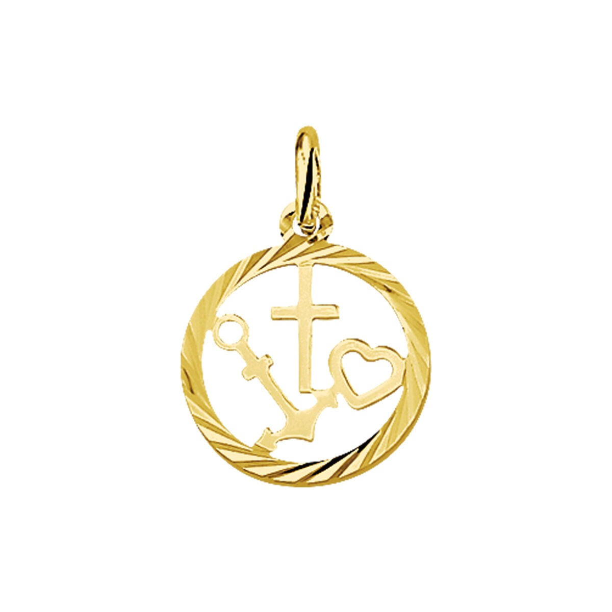 Pendentif rond en or jaune 9 carats avec des symboles de foi, d'espoir et d'amour.