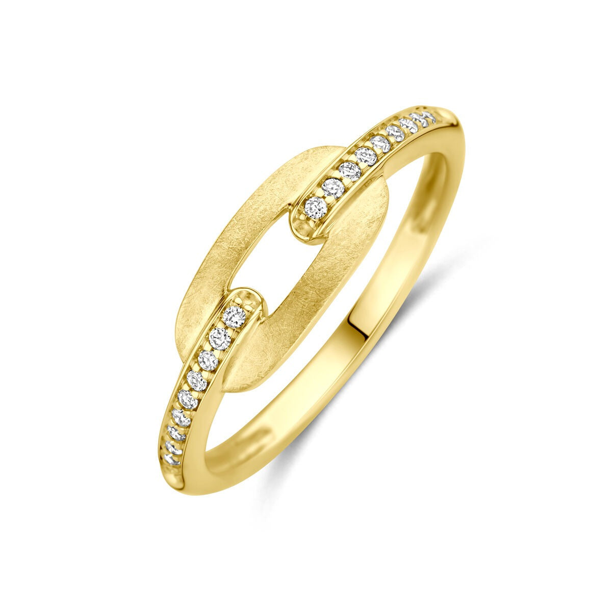 Bague en or jaune 14 carats avec diamants de 0,08 ct, finition mate et design moderne.