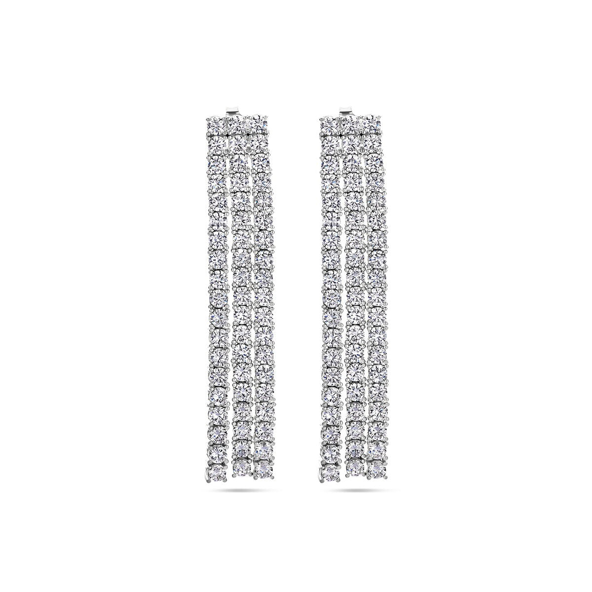Boucles d'oreilles en argent rhodié avec zircons, longues de 60 mm, ornées de rangées de pierres brillantes.