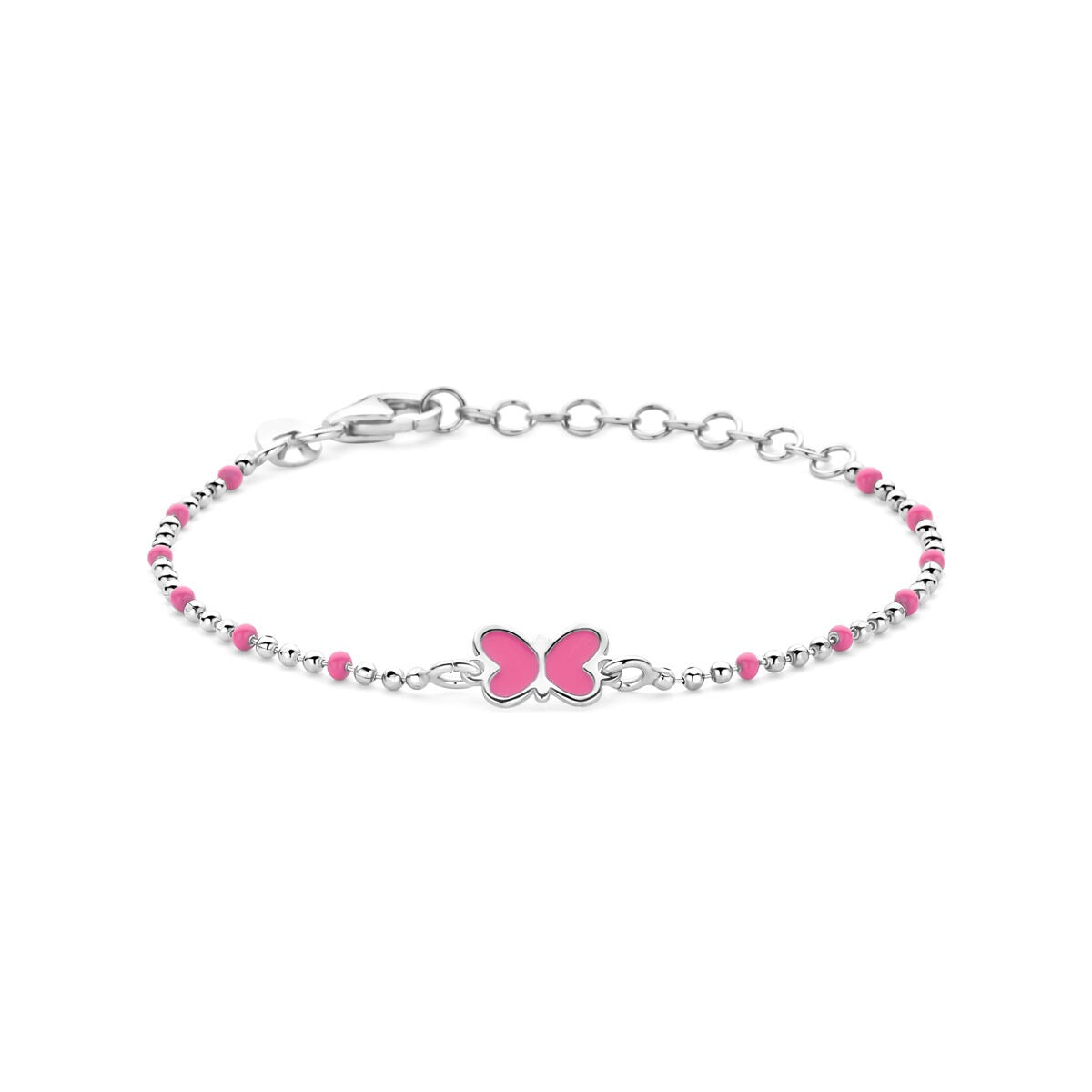Gerhodineerde 925 zilveren kinderarmband met een roze vlinder en kleine roze steentjes.