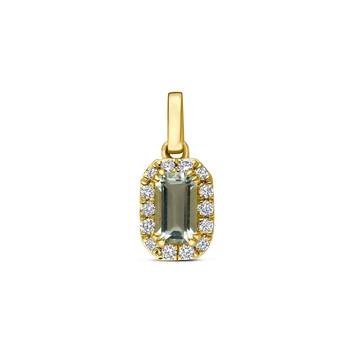 Pendentif en or jaune 14 carats avec améthyste verte et diamants synthétiques.
