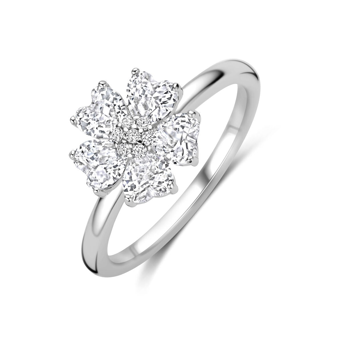 Bague en argent rhodié avec un motif en forme de cœur orné de zirconiums.