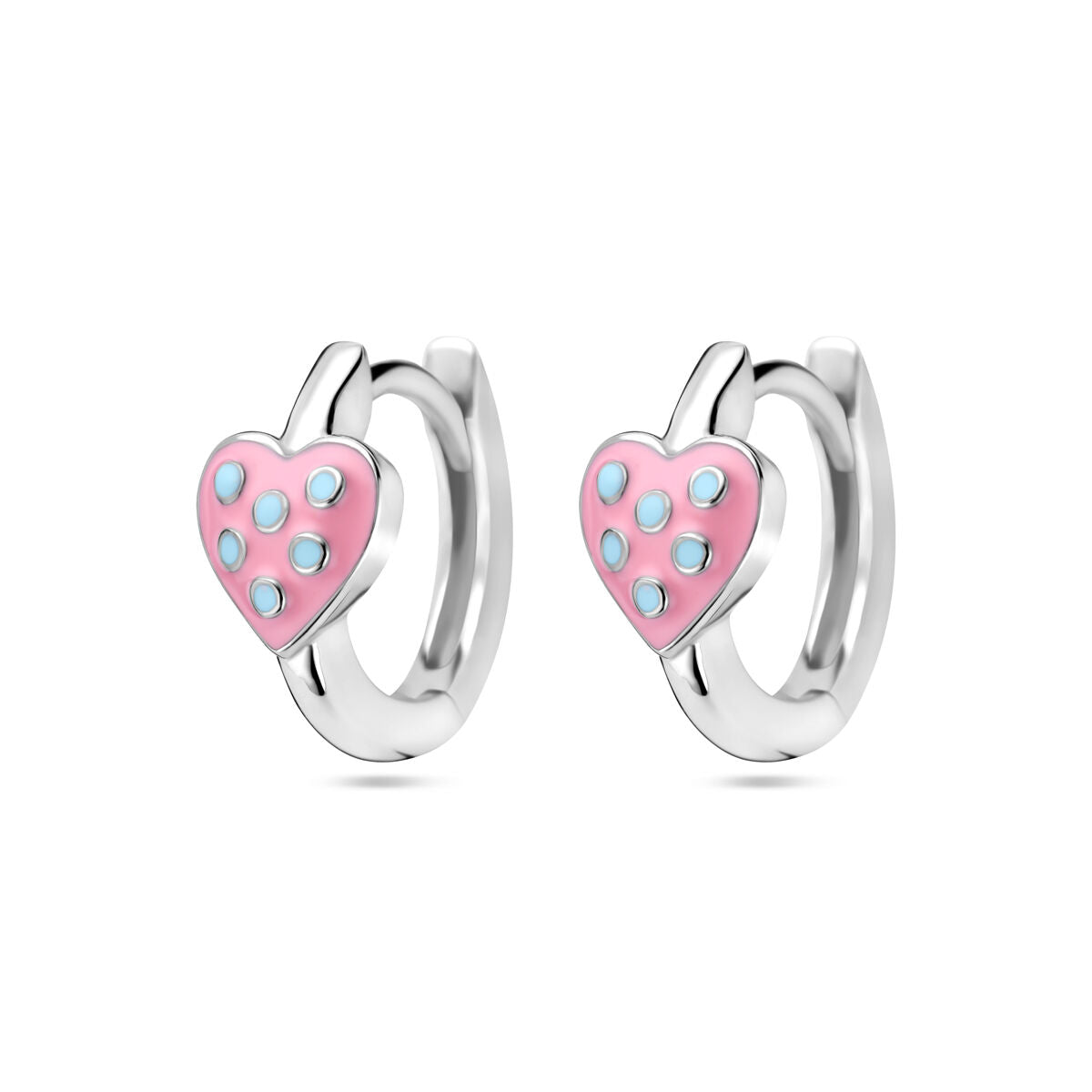 Boucles d'oreilles en argent pour enfants avec un cœur en émail rose et turquoise.