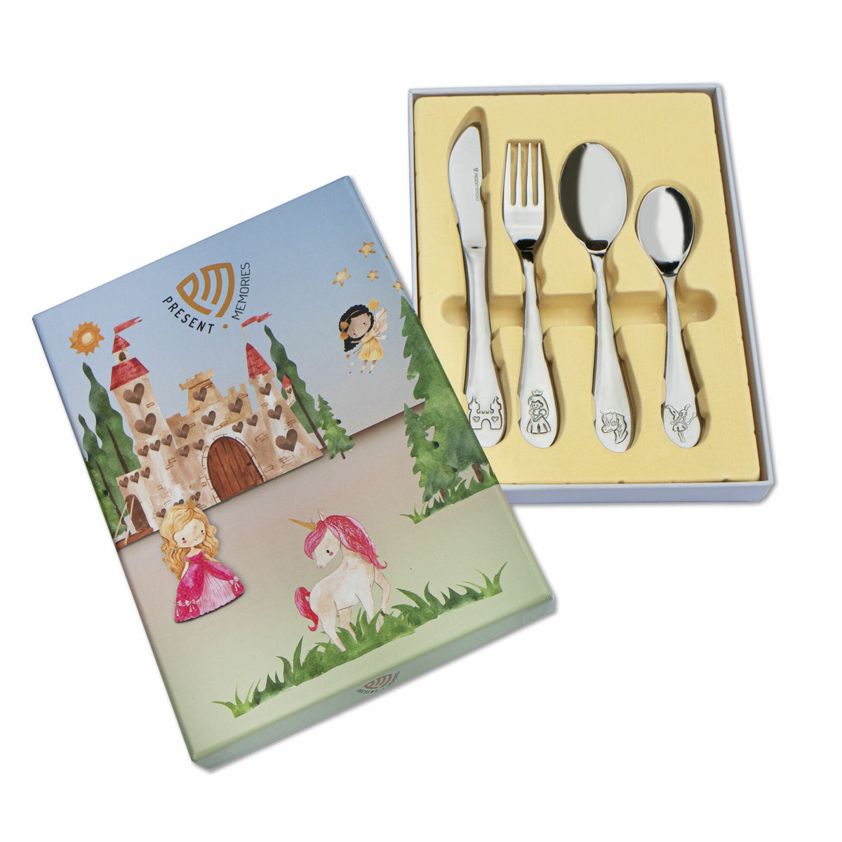 Coffret de couverts pour enfants en acier inoxydable avec motifs de contes de fées.