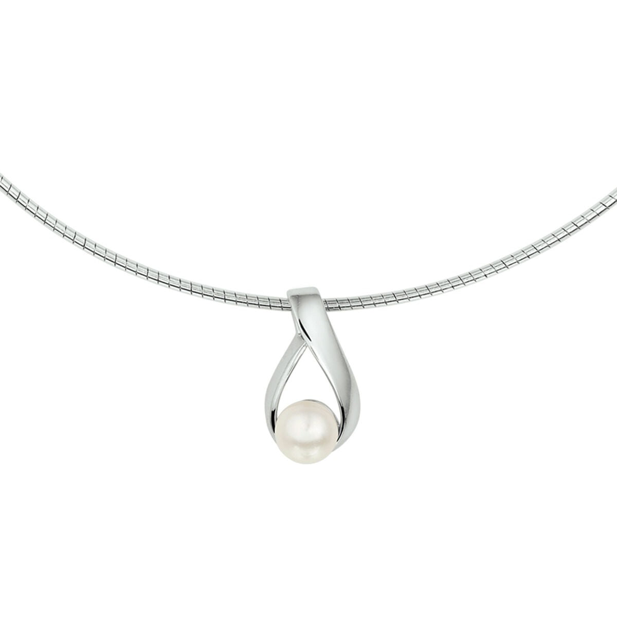 Collier en argent rhodié avec un pendentif en forme de goutte et une perle.
