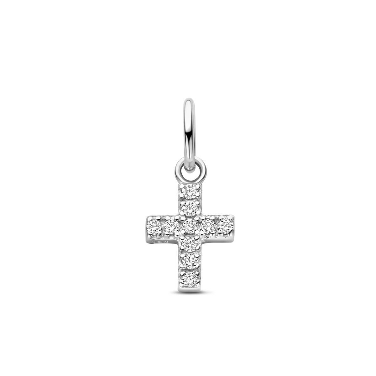 Pendentif en forme de croix en argent avec zirconiums, mesurant 15,5 mm.