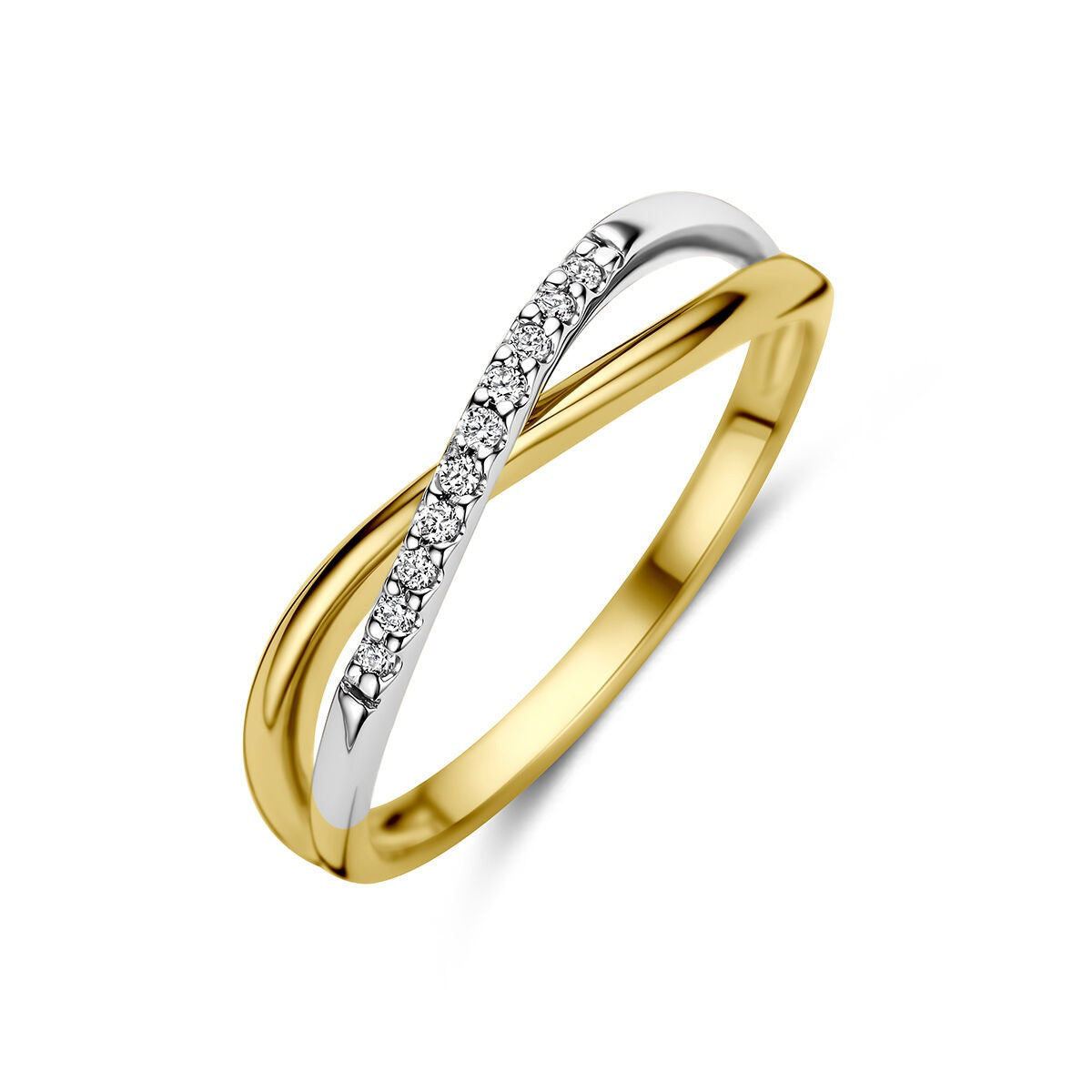 Bague en or bicolore avec des diamants, design en forme de croix.