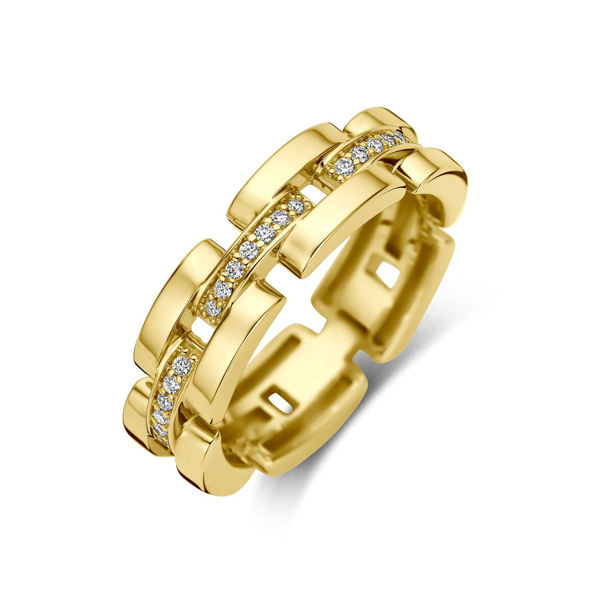 Bague en or jaune 14 carats avec diamants sertis, design moderne et brillant.