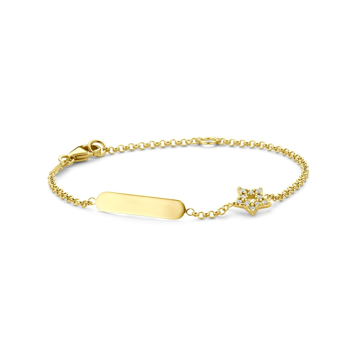 Bracelet en or jaune 14k avec une plaque gravable et une étoile ornée de zirconia.