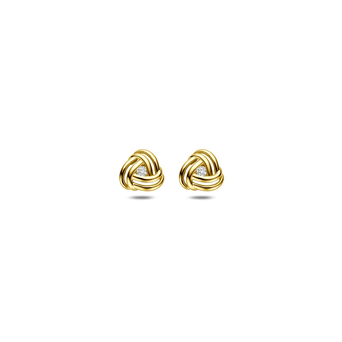 Boucles d'oreilles en or jaune 14 carats avec zirconia en sertissage chaton, en forme de nœud.