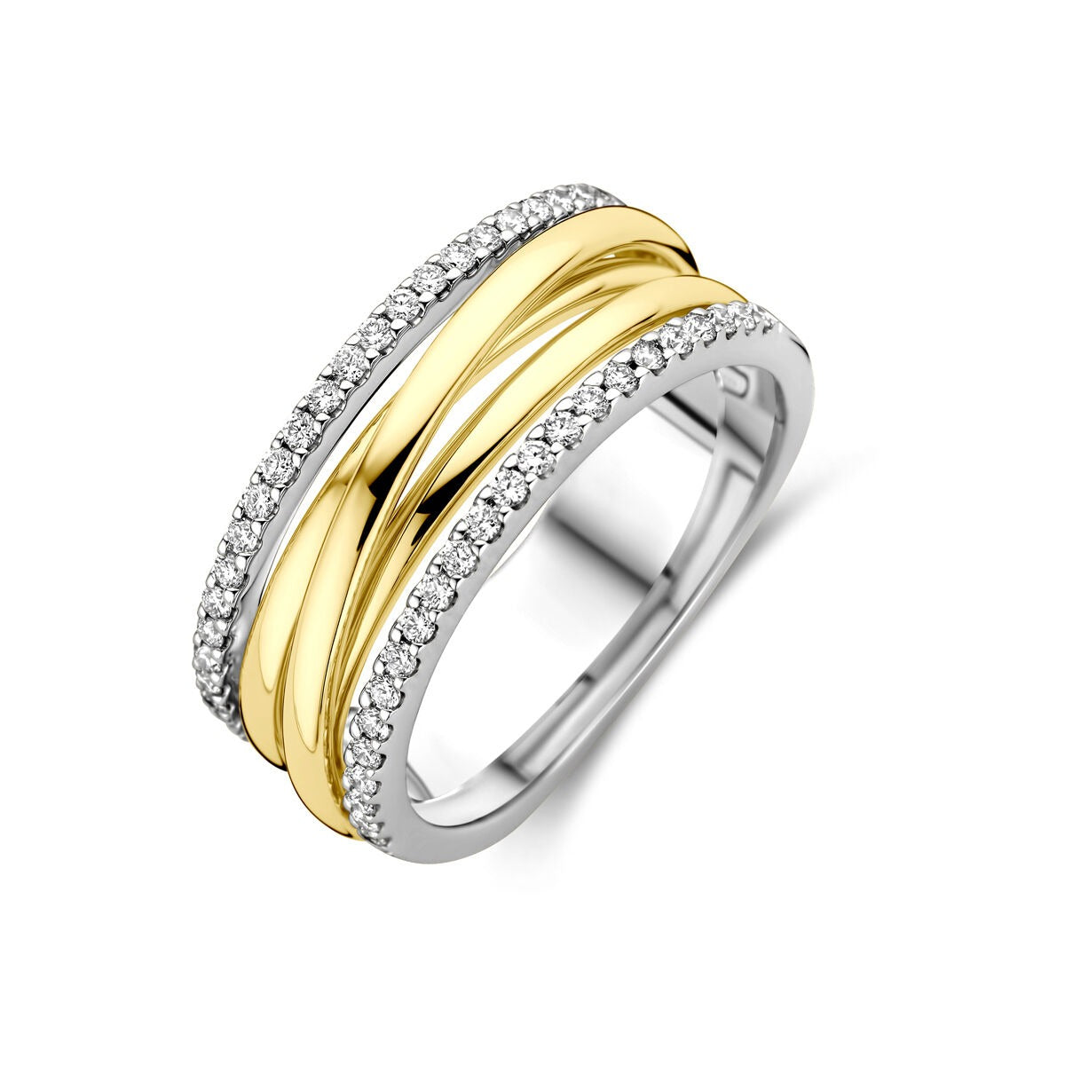 Bague bicolore en or 14 carats ornée de diamants, avec des bandes dorées et argentées.