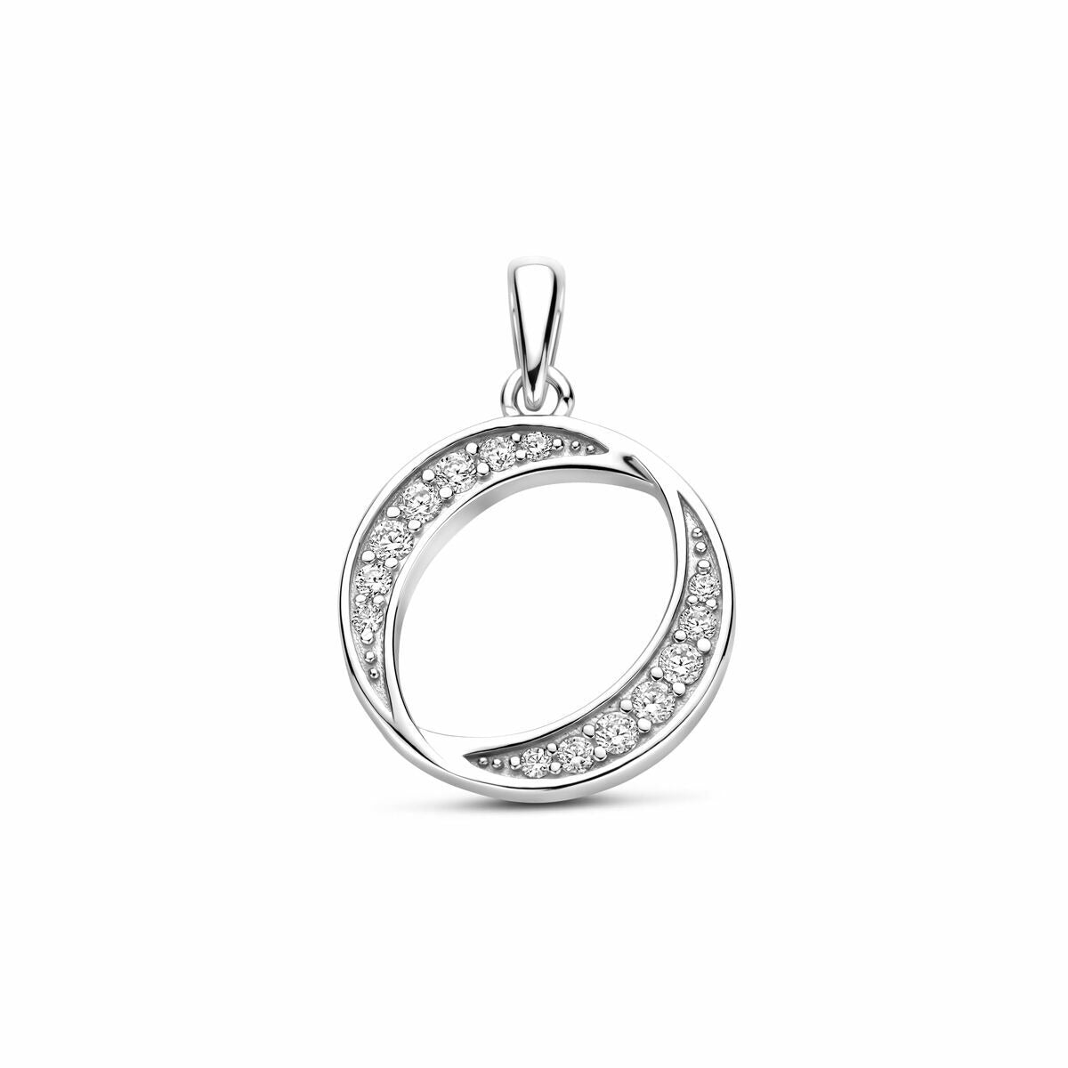 Pendentif en argent rhodié 925, de forme circulaire, orné de zircons brillants.