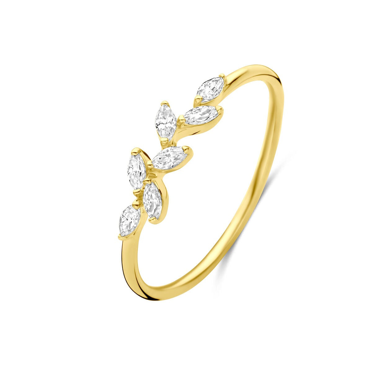 Bague en or 14 carats avec zirconia ovale de 4 mm et motif floral.
