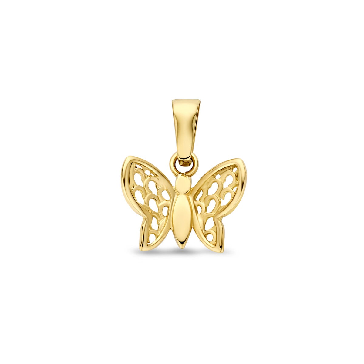 pendentif en or jaune en forme de papillon avec des détails ajourés.