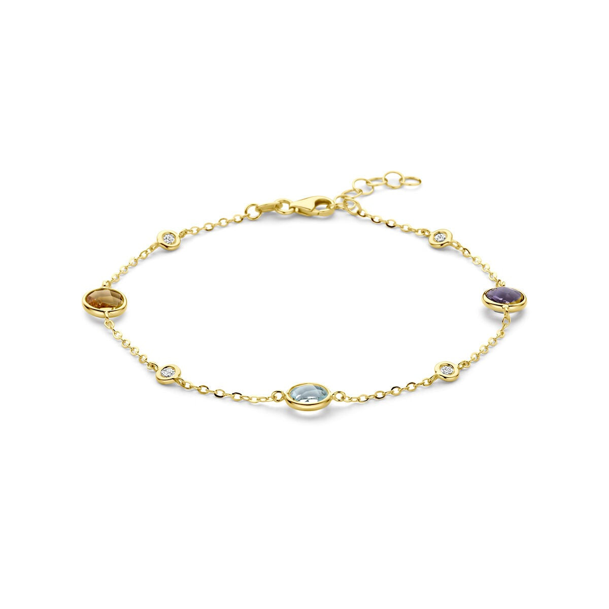 Bracelet en or jaune 14 carats avec citrine, améthyste, topaze et diamant.