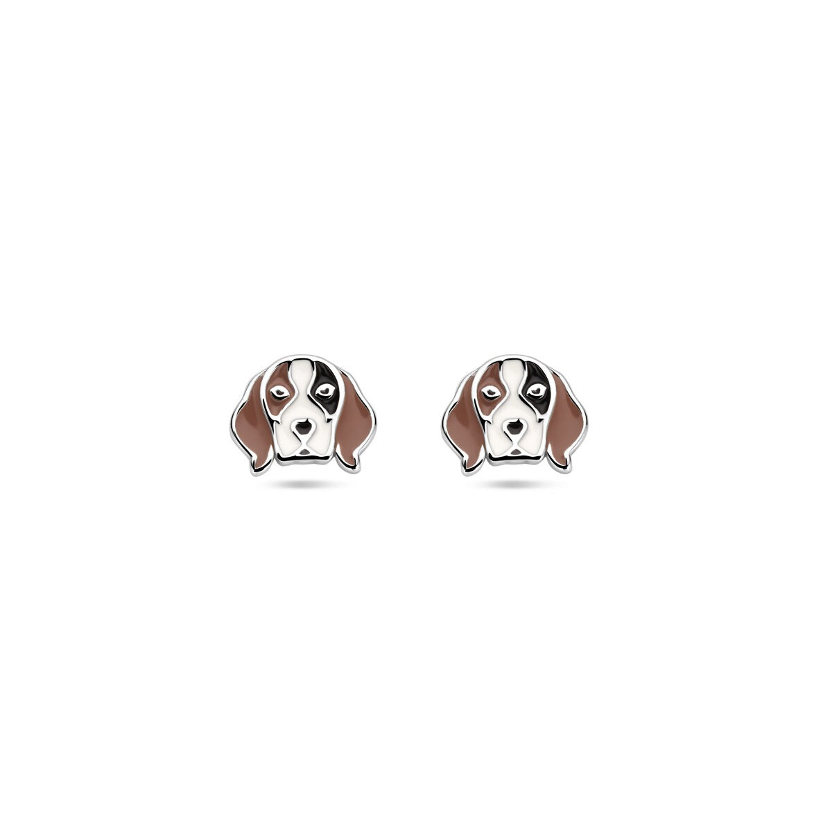 Boucles d'oreilles en argent en forme de tête de chien, 7 mm, avec détails en émail brun et noir.