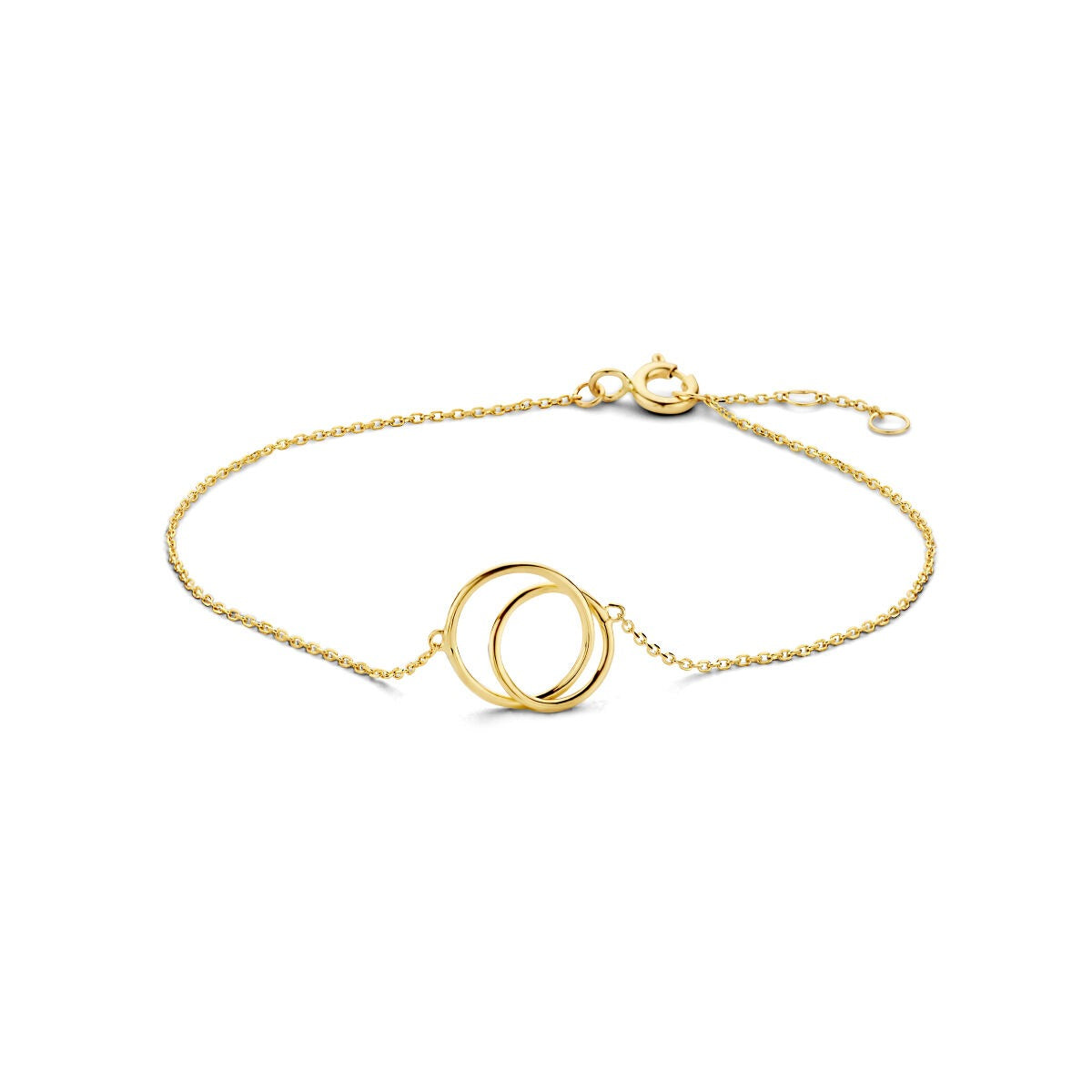 Bracelet en or jaune 9 carats avec un design de deux cercles entrelacés et longueur ajustable.