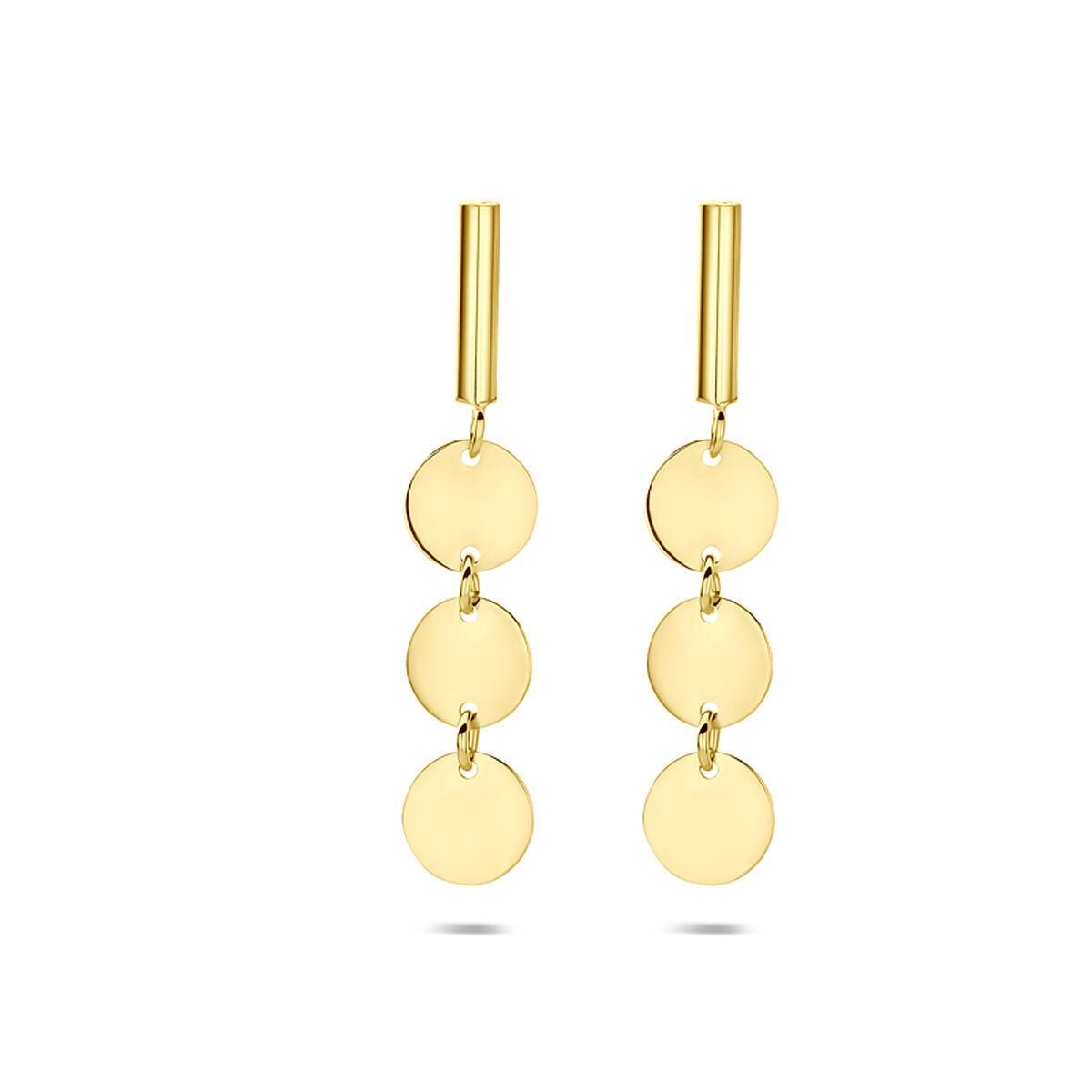 Boucles d'oreilles en or jaune 14 carats avec trois disques ronds suspendus.