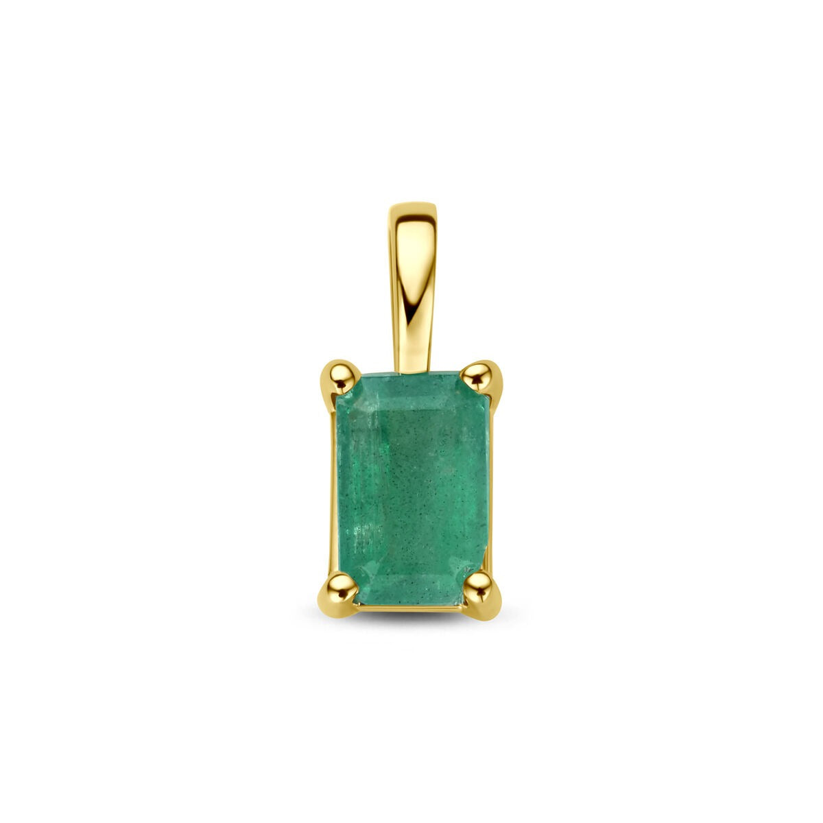 Pendentif en or jaune 14 carats avec émeraude rectangulaire.