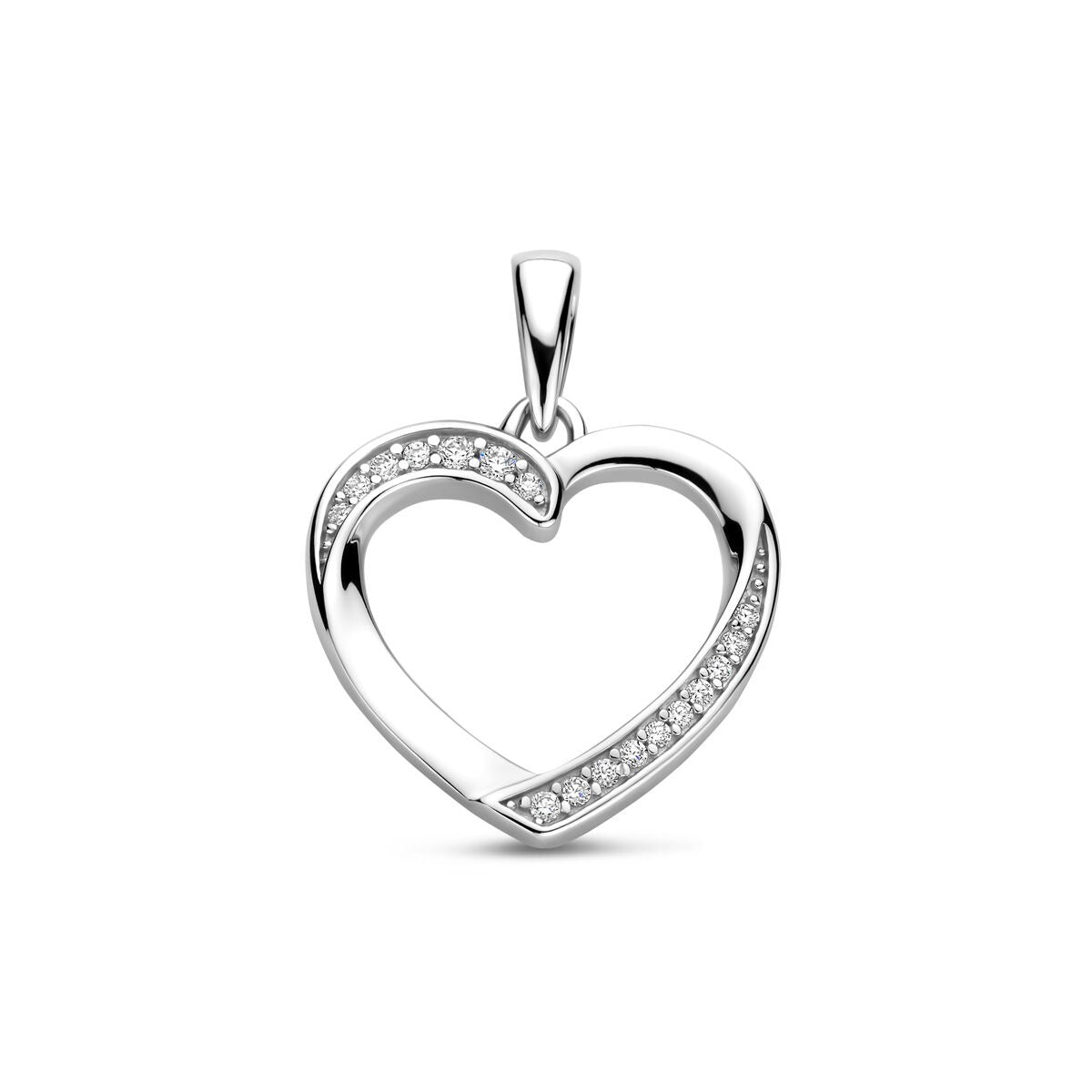 Pendentif en forme de cœur en argent rhodié, décoré de zircons, mesurant 21 mm.