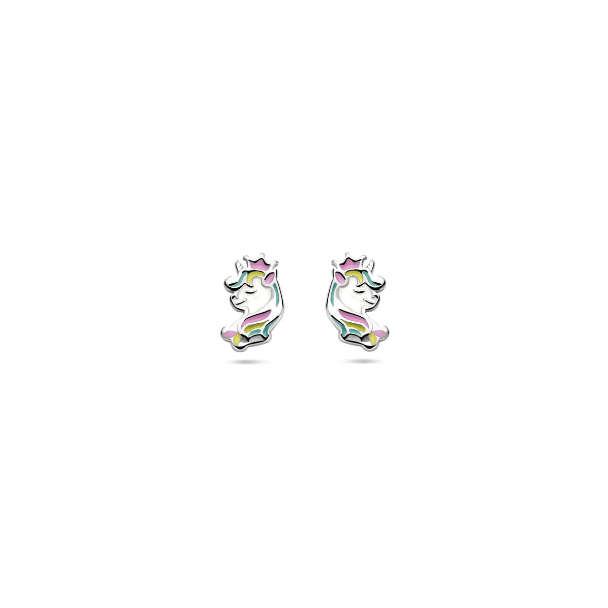 Boucles d'oreilles en forme de licorne, argentées et rhodiées, avec des détails colorés.