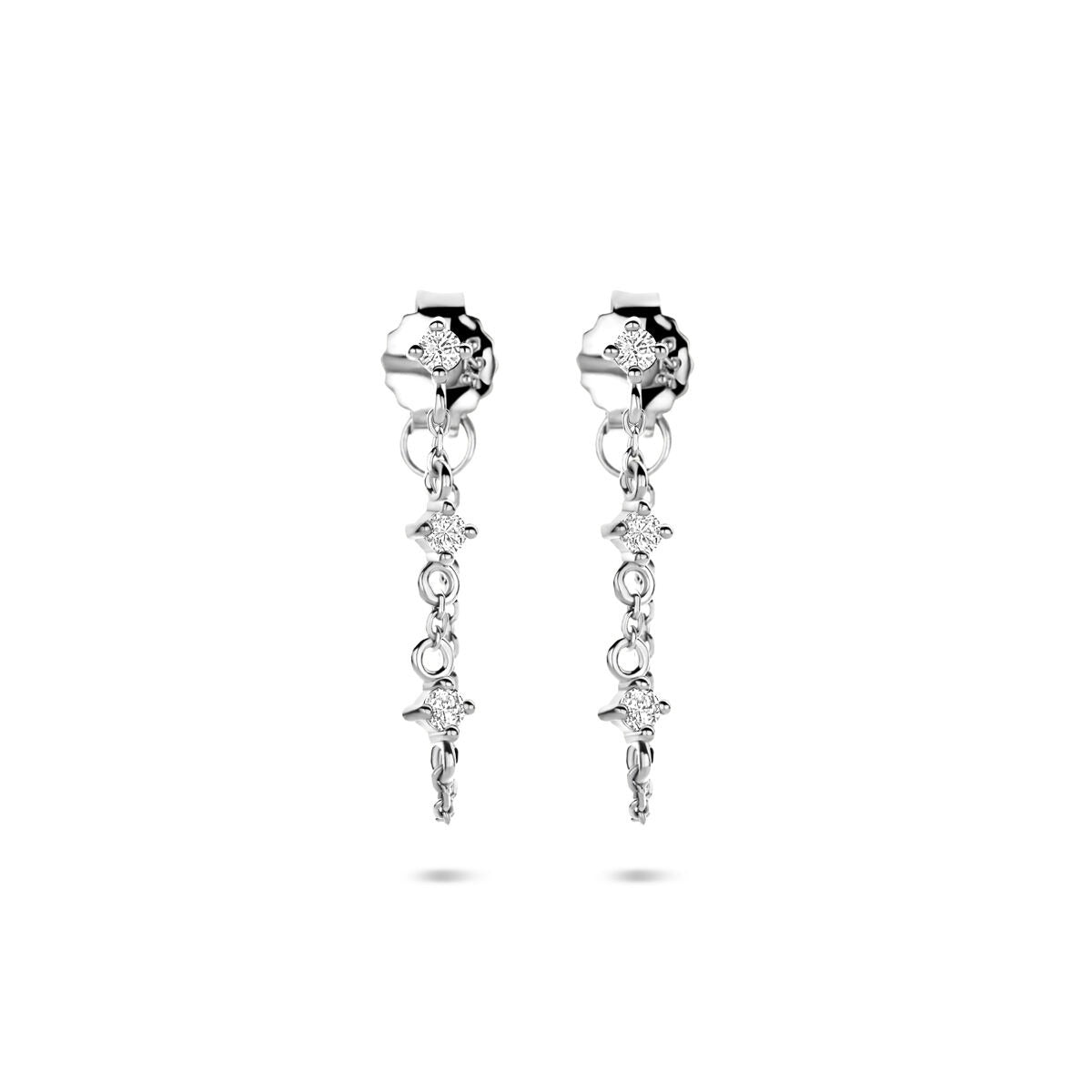 Boucles d'oreilles en argent rhodié avec zirconia, suspendues et scintillantes.