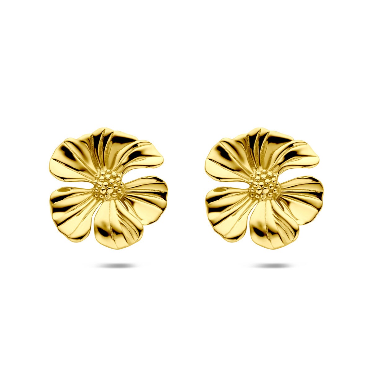 Boucles d'oreilles en acier doré en forme de fleur, diamètre 26 mm.