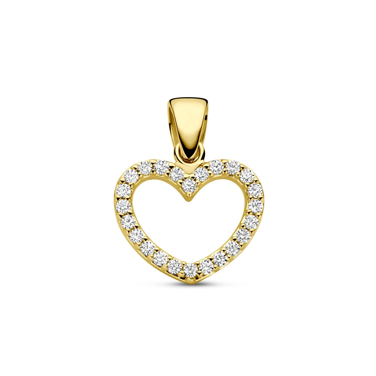 Pendentif en cœur en or jaune 14 carats, orné de zircons scintillants.