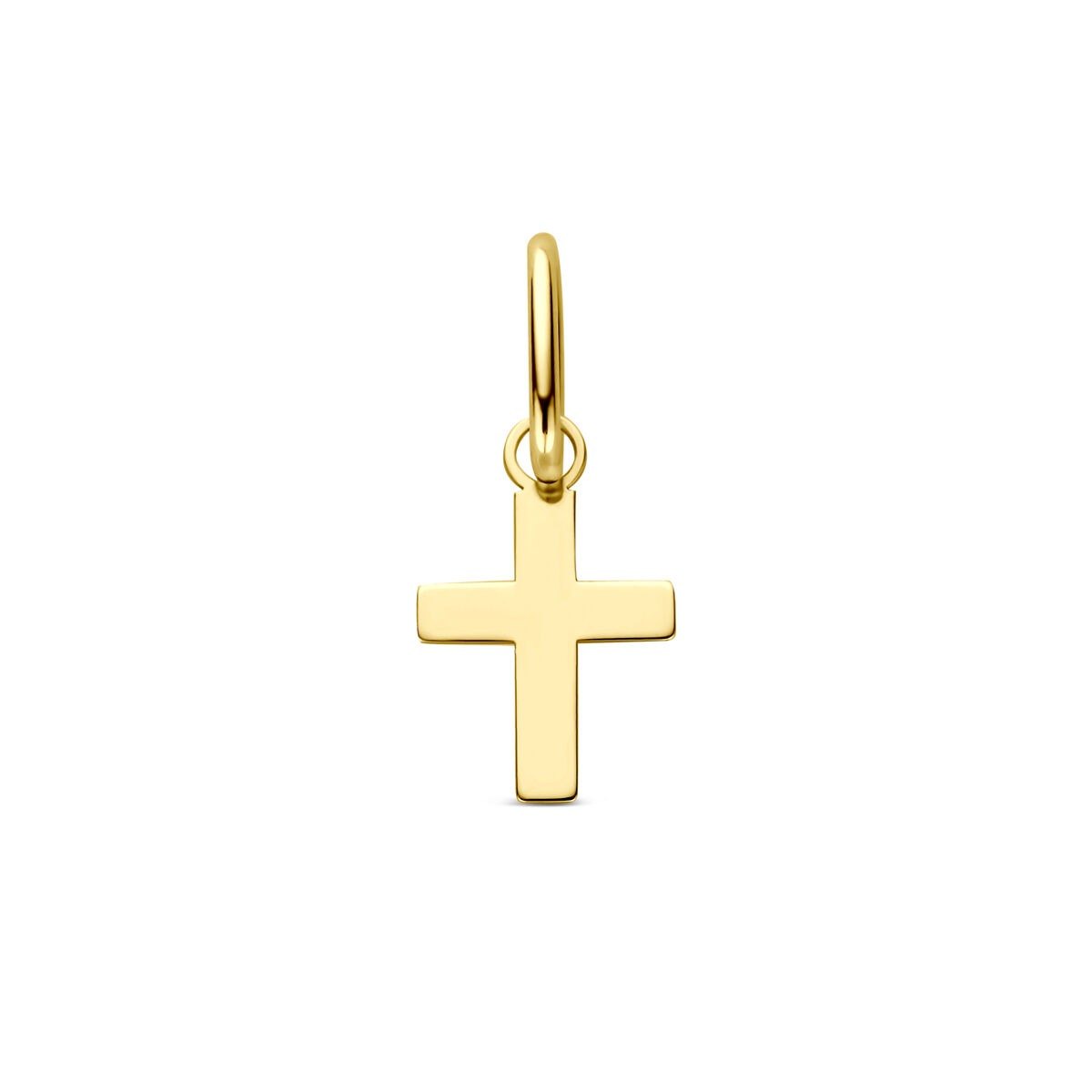 Pendentif croix en or jaune 14 carats, finition lisse et brillante.