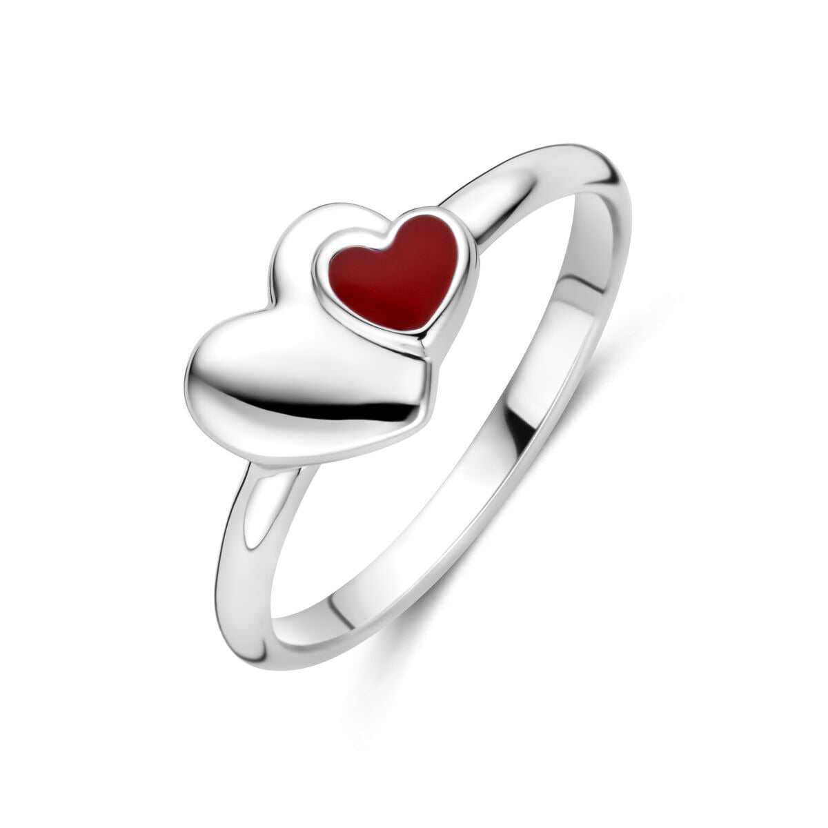 Bague en argent rhodié 925 avec un cœur rouge en émail.