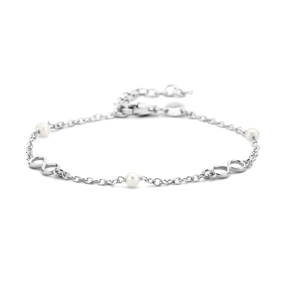 Bracelet en argent rhodié 925 avec des perles et un pendentif infini.