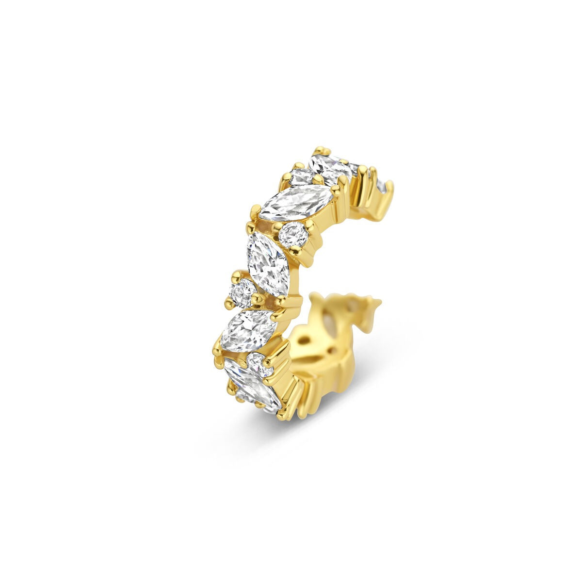 Ear cuff en argent doré avec zircons, forme ondulée et détails scintillants.