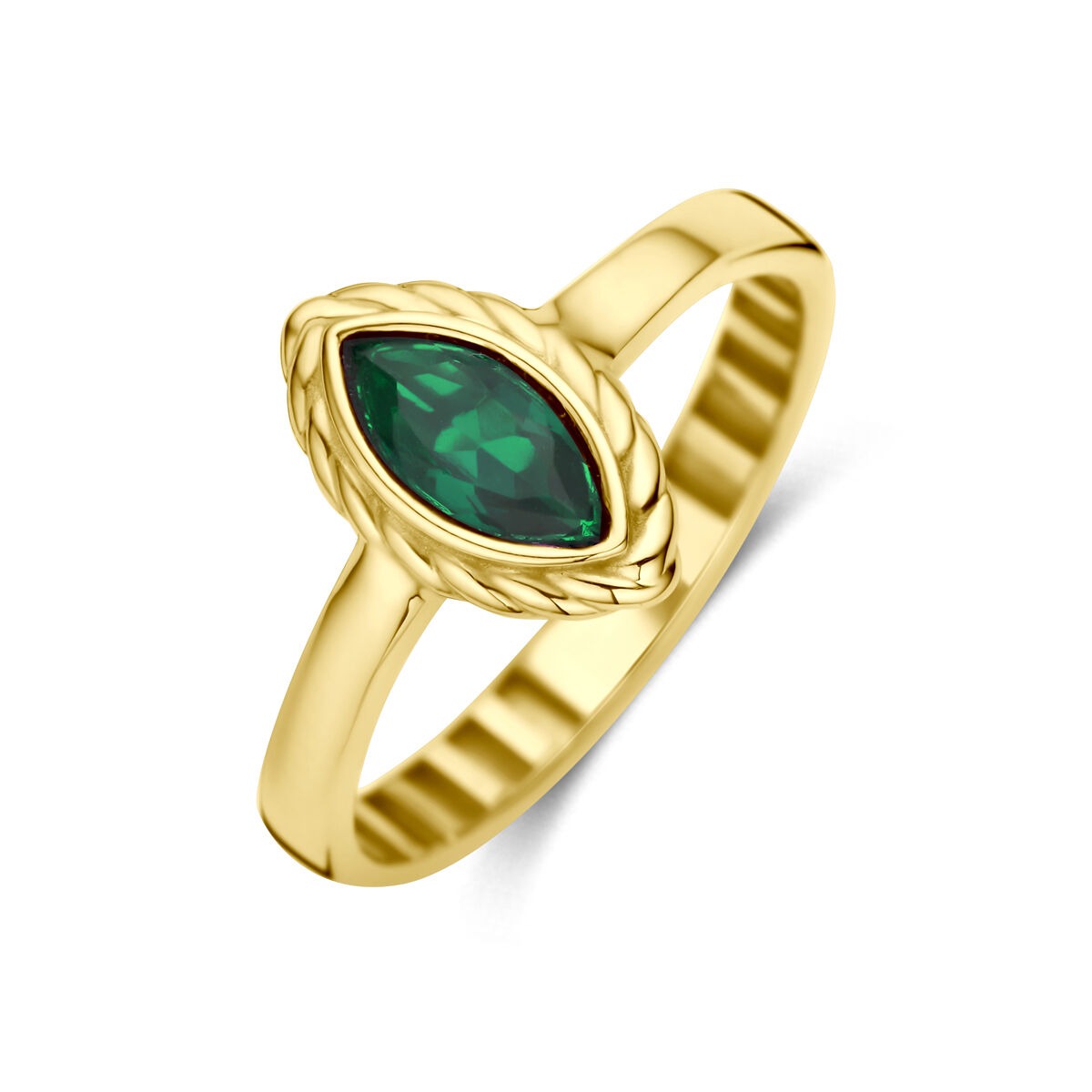 Bague en or jaune 9 carats avec une zirconia verte en forme de marquise.