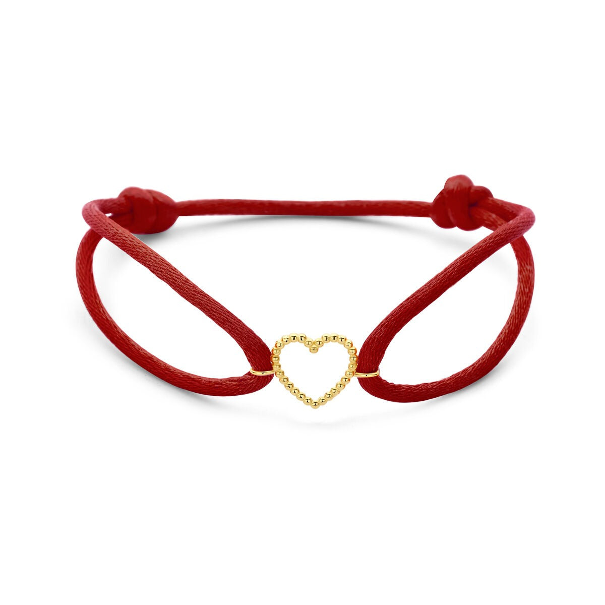 Bracelet en satin rouge avec un cœur en or jaune 14 carats, symbole d'amour.