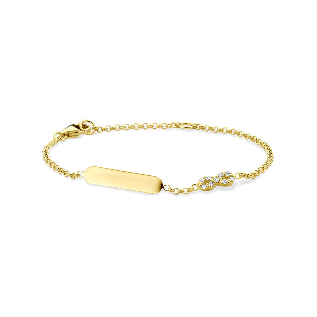 Bracelet en or jaune 14k avec une plaque gravable et un symbole infini orné de zirconiums.