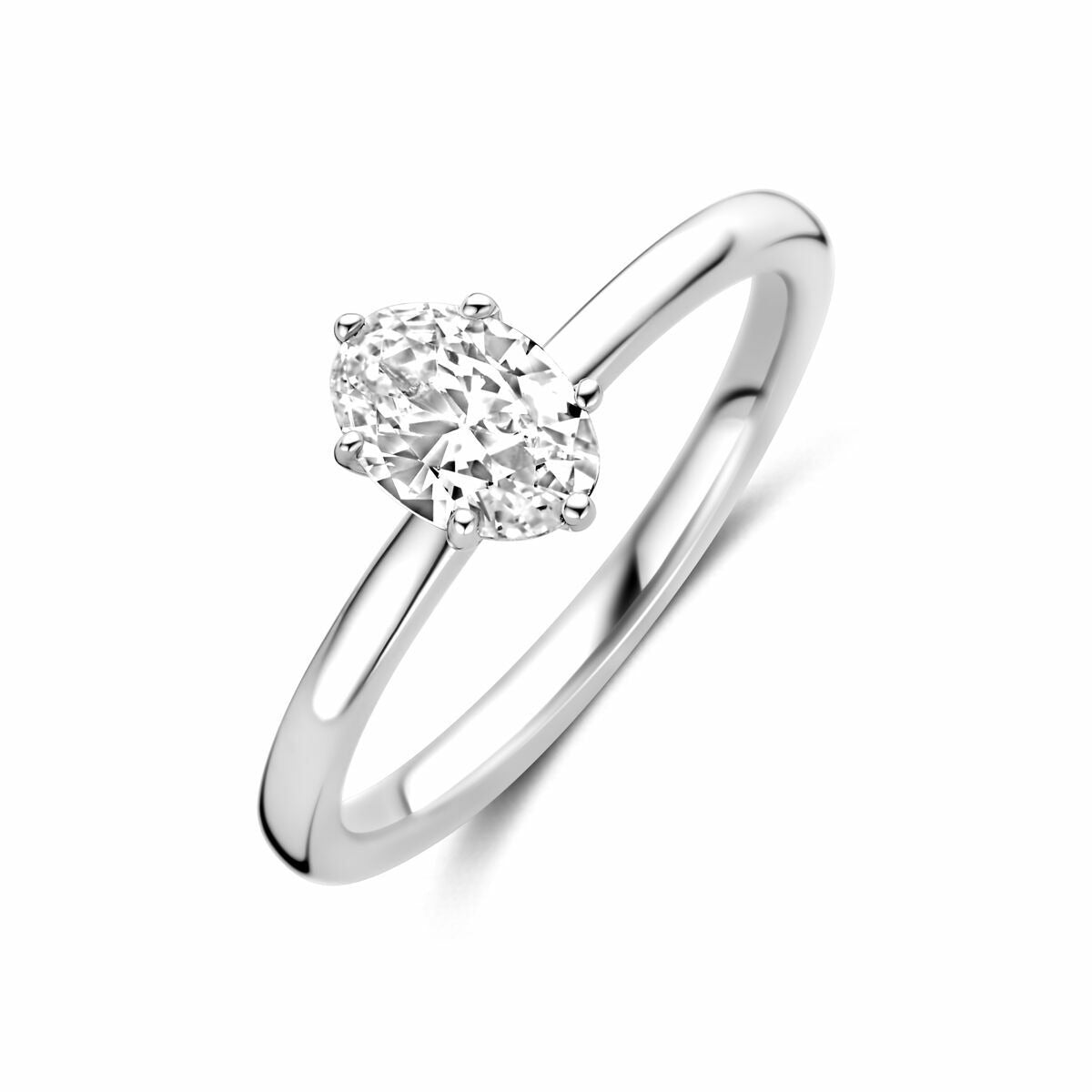 Bague en argent rhodié avec zircon ovale, finition brillante.