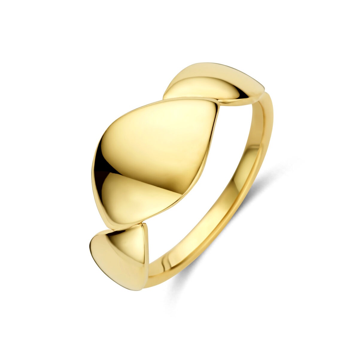 Bague en or jaune 14 carats avec une large bande et un design fluide.
