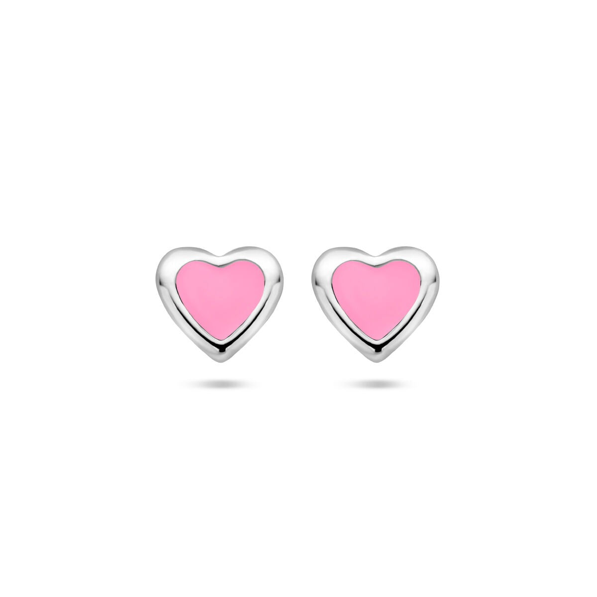 Boucles d'oreilles en argent en forme de cœur avec émail rose.