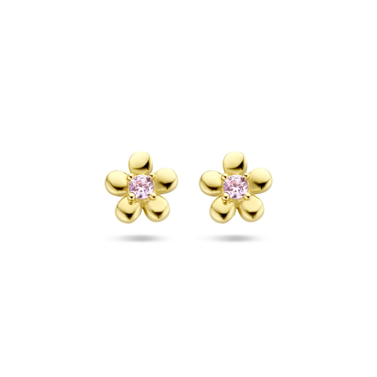 Boucles d'oreilles en or jaune 14 carats en forme de fleur avec zircon rose.