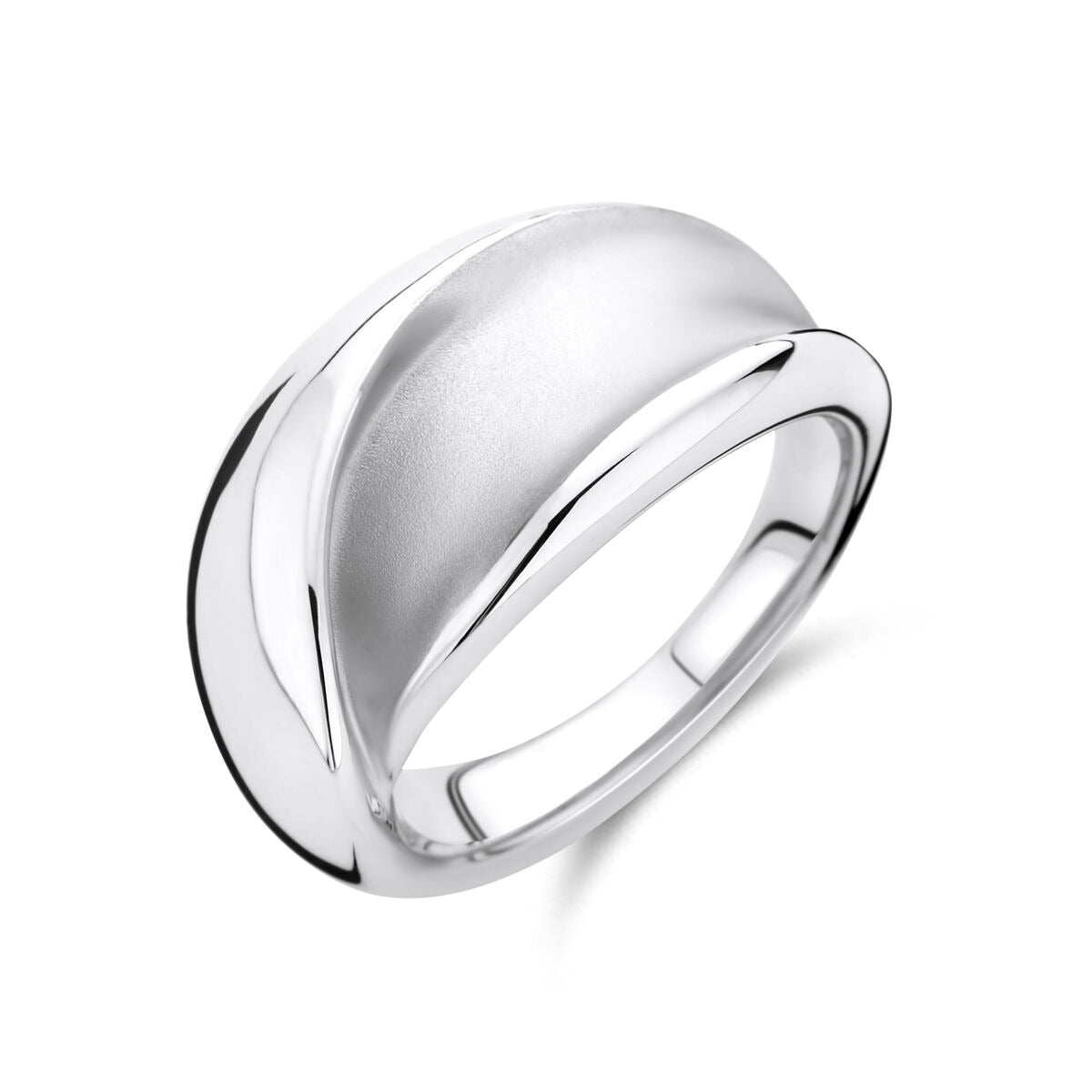 Bague en argent 925 rhodié avec finition polie et mate, au design ondulé.