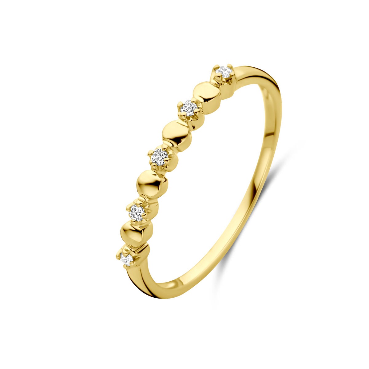 Bague en or 14 carats avec cinq diamants de 0,05 ct, design délicat de 2 mm.