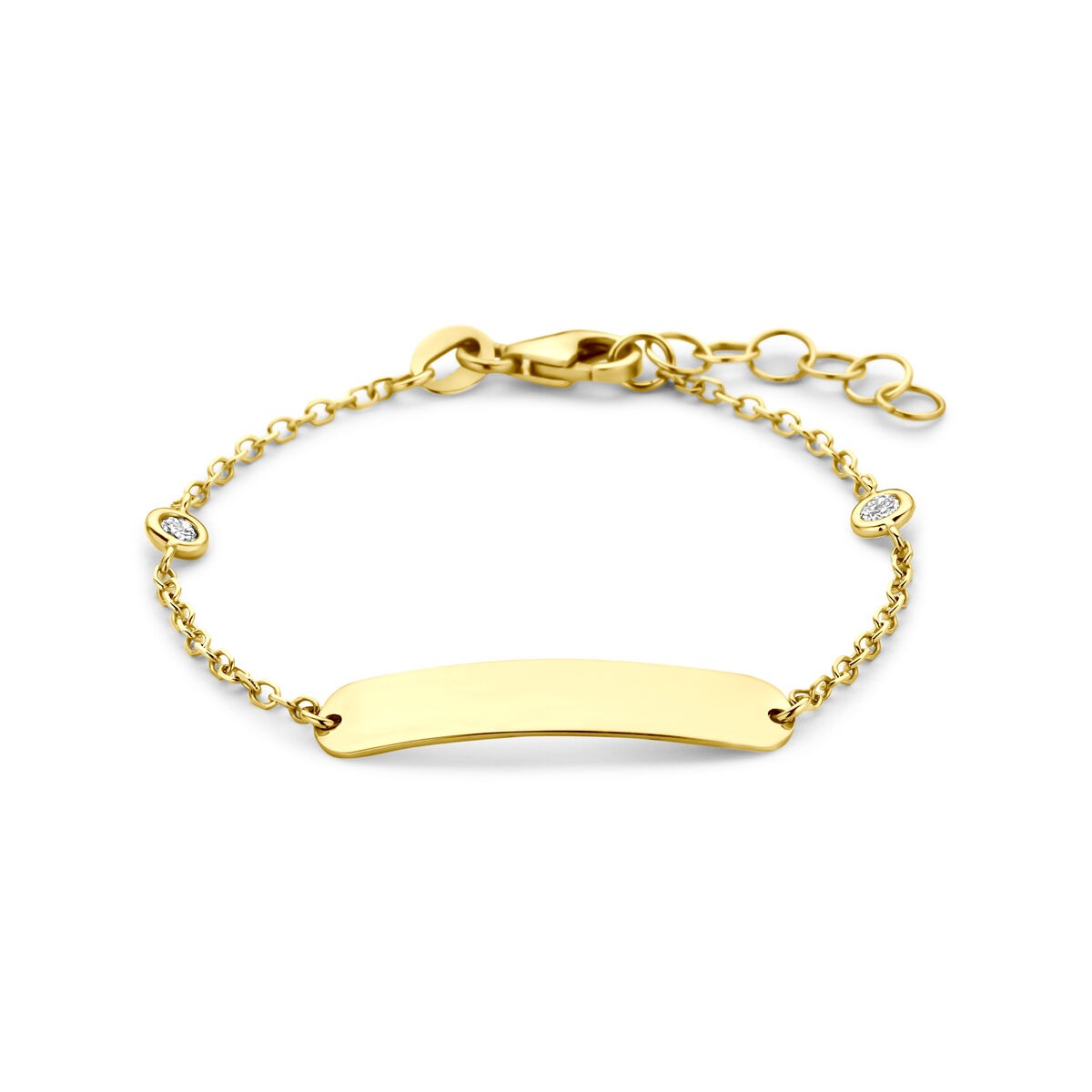 Bracelet en or jaune 14k avec plaque à graver et diamant lab grown.
